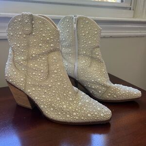Betsey Johnson Embellished Pearl Western Ankle Boots - Cream